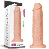 An 11-inch King Size Realistic Dildo in flesh tone, featuring a veined texture, stands next to its box. The packaging highlights the strong suction cup base, one-piece design, total length, and maximum girth. It is labeled PVC free and skin-safe with a check mark icon.