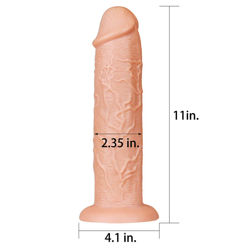 The King Size 11 Realistic Dildo - Flesh 28 cm Dong is a realistic, flesh-colored dildo with a pronounced head and textured shaft. It measures 11 inches long, 2.35 inches wide, and has a stable 4.1-inch suction cup base with lifelike vein detailing for an authentic experience.