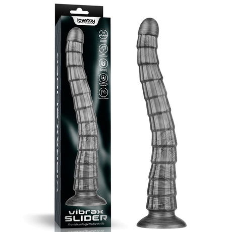 The King Sized Vibrating Vibrax Slider in black and gray, 36.8 cm long, features a textured ribbed design with a suction base. Its packaging highlights water resistance and USB charging through icons. With 10 vibration functions, its ideal for exploring anal play.