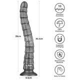 The King Sized Vibrating Vibrax Slider is a 36.8 cm grey translucent dildo ideal for anal play, featuring 10 vibration functions, waterproof design, USB magnetic charging, and skin-friendly material. Cleaning is easy with its iconic features listed vertically on the side.