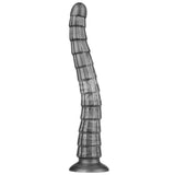 The grayscale image displays the King Sized Vibrating Vibrax Slider, a grey 36.8 cm USB rechargeable dildo with a ribbed, segmented surface and slight curve. Featuring 10 vibration functions, its crafted for enhanced anal play enthusiasts with its stable wider base and flat design.