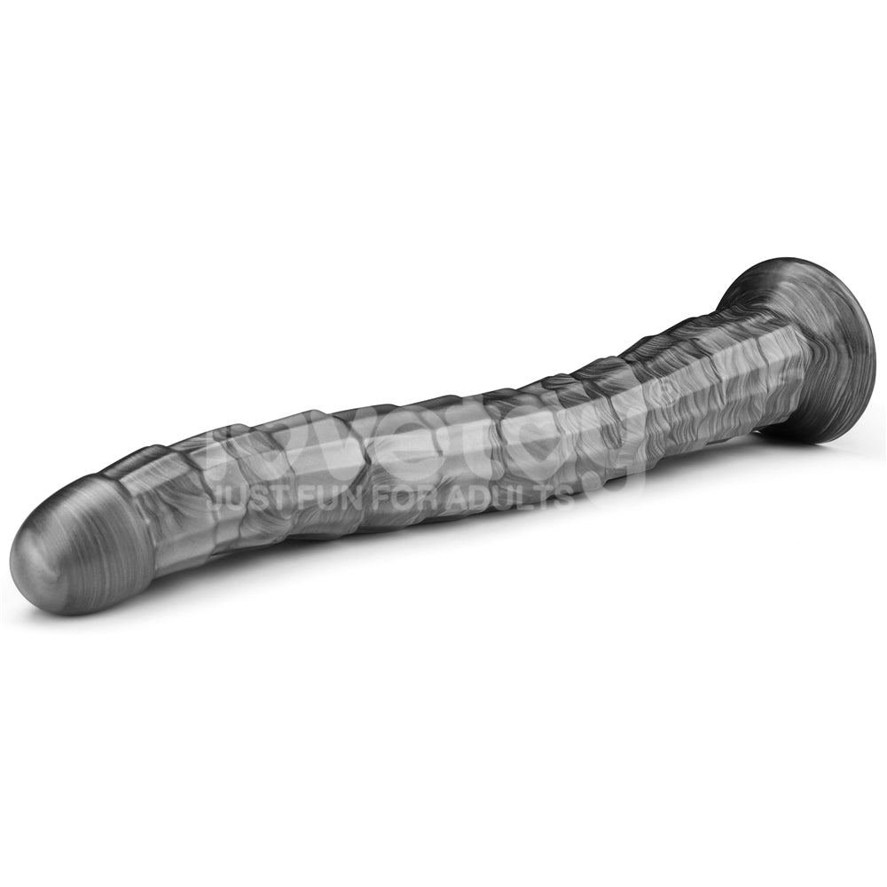 A long, cylindrical Vibrax Slider with a smooth, rounded tip and flared base rests on a white surface. Perfect for anal play, this 36.8 cm (14.5) grey dildo has subtle ridges and 10 vibration functions for varied sensations, offering a USB rechargeable experience.