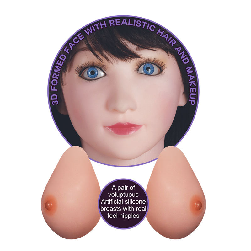 The Victoria Horny Boobie Doll features a 3D face with realistic hair and makeup, complemented by lifelike silicone breasts with real-feel nipples, showcasing exceptional artistry and voluptuous design.