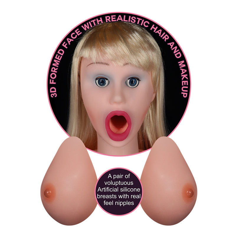 An image of the Victoria Horny Boobie Doll showcases its lifelike inflatable design, featuring a 3D formed face with realistic blond hair and makeup. The doll includes realistic silicone breasts with textured nipples and is marketed as having a genuine feel.