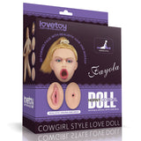 Packaging for the Fayola Horny Cowgirl Doll by Lovetoy displays images of the lifelike inflatable doll with a molded face, hair, and makeup, emphasizing its realistic features like a vaginal and anal detail.