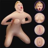 Fayola Horny Cowgirl Doll: Inflatable love doll with blonde hair and tiara, kneeling with hands on hips. Circular close-ups show lifelike chest, genital, and rear views against a black background.