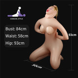 The Fayola Horny Cowgirl Doll is an inflatable love doll on its knees with a pigmented face and exaggerated features. Measurements are bust: 84cm, waist: 58cm, hip: 93cm, height: 93cm, width: 50cm. A cowgirl icon appears in the top left corner on a black background.