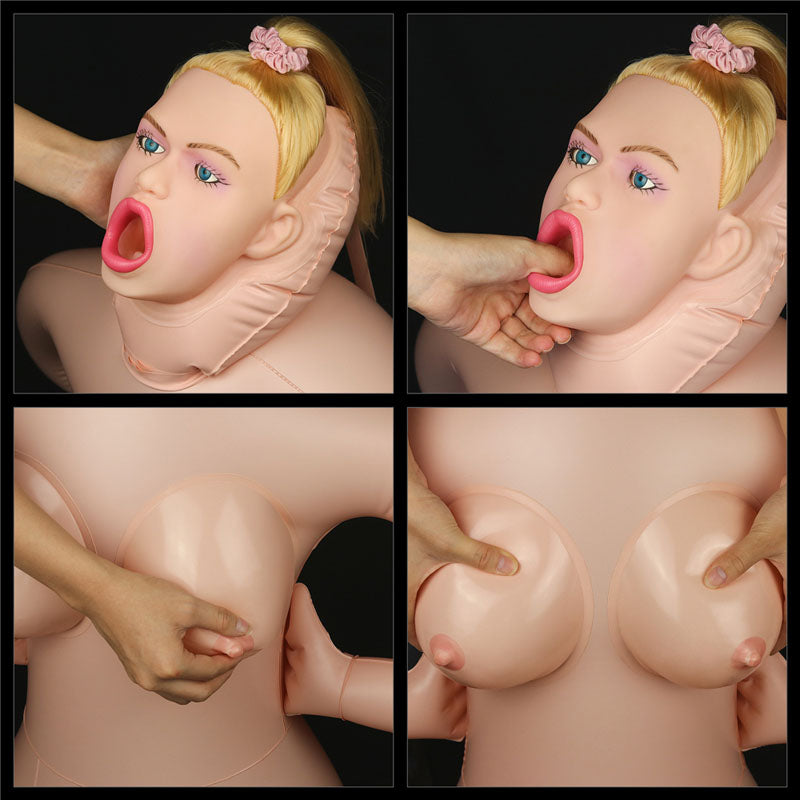 A collage of four images presents the Fayola Horny Cowgirl Doll - an inflatable love doll with blonde hair and pink lips. The top images show fingers in its mouth, and the bottom ones display hands squeezing its breasts, dressed in light material.