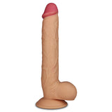 The King Size 10 Realistic Dildo from Love Toys is made of beige silicone with pronounced veins, a pink tip, and features a sturdy suction cup base that stands firmly on any flat surface. The textured shaft enhances its lifelike appearance.