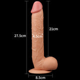 Experience genuine pleasure with the King Size 10 Realistic Dildo - Flesh 25 cm Dong, designed with a defined head and veins. It boasts a total length of 27.5 cm, an insertable length of 21 cm, a diameter of 4.5 cm, and features an 8.5 cm base with a secure suction cup for stability.