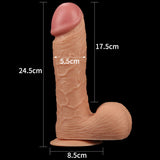 The King Size 9 Realistic Dildo - Flesh 23 cm Dong is displayed on a black background, showcasing its textured shaft with visible veins, a pinkish tip, and testicles. It features a total length of 23 cm and a suction cup base for enhanced versatility.