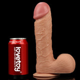 A King Size 9 Realistic Dildo - Flesh 23 cm Dong with a veined texture and suction cup base stands next to a red lovetoy soda can, featuring JUST FUN FOR ADULTS text in white. The dildo has a pronounced head and base, set against a solid black background.