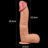 The King Size 10.5 Realistic Dildo features a flesh-toned, vein-textured design with a pronounced head and suction cup base. It measures 28.5 cm in height, 22.5 cm insertable length, 5.5 cm diameter, and an 8.5 cm base circumference against a black backdrop.
.