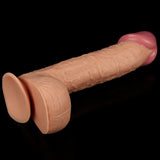 The King Size 10.5 Realistic Dildo in Flesh is showcased against a black background, highlighting its detailed texture with veins, pink tip, and flat base for secure use.