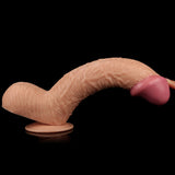 Experience the thrill of the King Size 10.5 Realistic Dildo, featuring a curved, anatomically accurate shape with textured skin and a suction cup base. This flesh-toned toy boasts a distinctively colored tip against a black backdrop for lifelike presence.