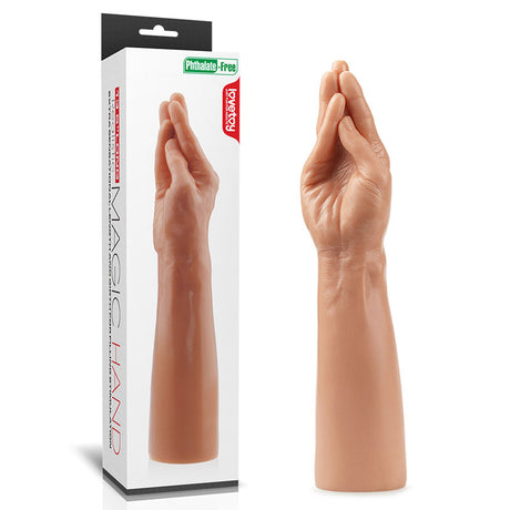 The King Sized 13.5 Realistic Magic Hand - Flesh 36 cm Hand Dildo features a skin-toned hand and forearm with realistic veins and texture, made from phthalate-free PVC for an authentic feel. The box showcases vibrant red and green designs highlighting these features.