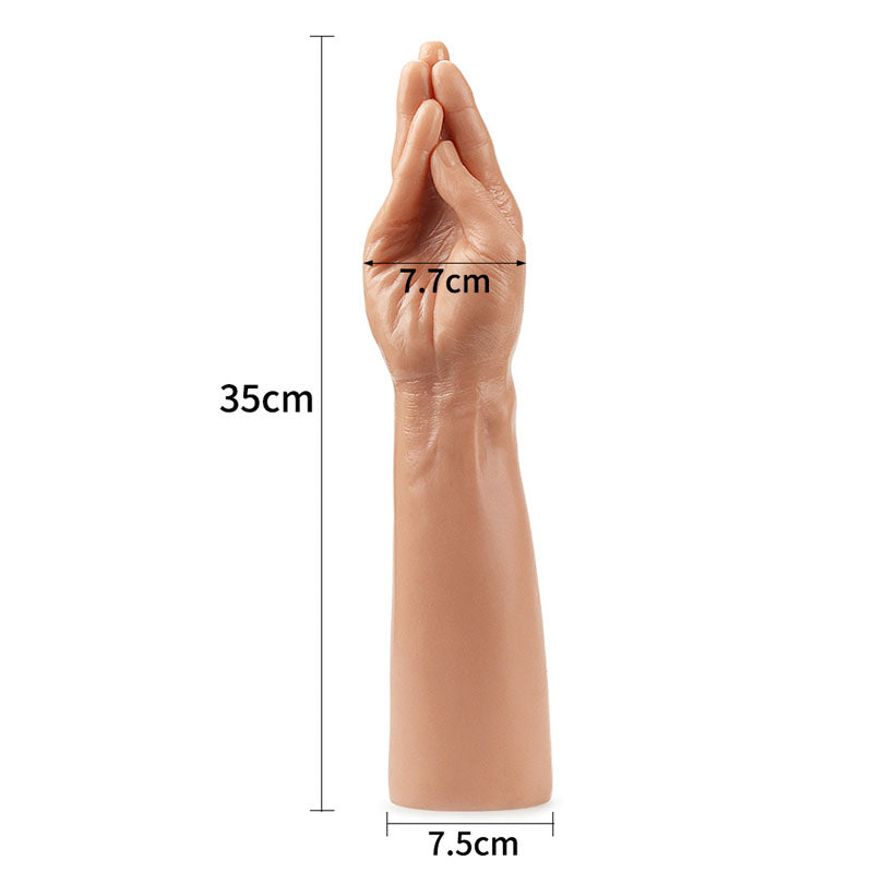 The King Sized 13.5 Realistic Magic Hand - Flesh is a realistic silicone model of a human arm designed for realistic play, with fingers together pointing upward. Its skin-toned, 36 cm long, has a 7.7 cm diameter at the hand and 7.5 cm at the base; measurements are indicated on the image.