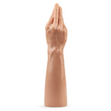 The King Sized 13.5 Realistic Magic Hand features a lifelike, skin-toned rubber arm with fingers in a praying position. Crafted from phthalate-free PVC for safety, it showcases detailed knuckle and vein textures and is isolated against a plain white background.