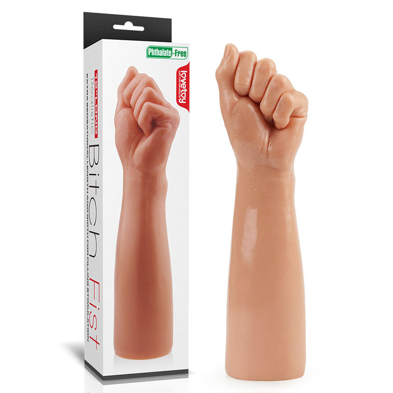 The King Sized 12 Realistic Bitch Fist - Flesh, a 30.5 cm fist dildo, stands upright beside its packaging. The box showcases the product image and Phthalate-Free label, while its lifelike clenched fist design ensures an advanced fisting experience with enhanced realism.