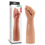 The King Sized 12 Realistic Bitch Fist - Flesh, a 30.5 cm fist dildo, stands upright beside its packaging. The box showcases the product image and Phthalate-Free label, while its lifelike clenched fist design ensures an advanced fisting experience with enhanced realism.