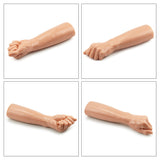 Four panels highlight the King Sized 12 Realistic Bitch Fist - Flesh dildo: top left shows a clenched upward fist, top right an advanced downward fisting position, bottom left a relaxed hand facing up, and bottom right a relaxed hand facing down. Pthalate-free silicone construction.