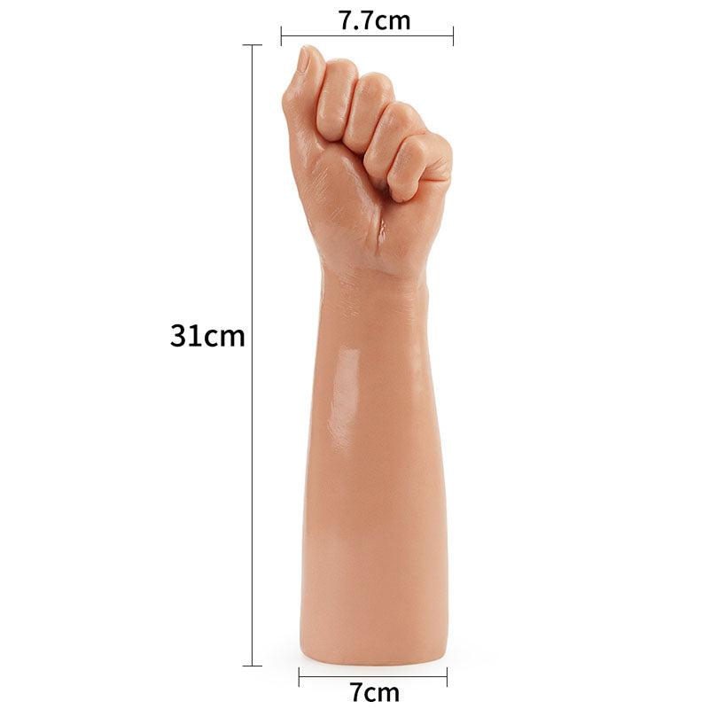 The King Sized 12 Realistic Bitch Fist - Flesh 30.5 cm Fist Dildo offers an advanced fisting experience with its phthalate-free silicone model of a human forearm and clenched fist. It stands upright, measures 31cm tall, 7.7cm wide at the fist, and 7cm at the base in a realistic light skin tone.