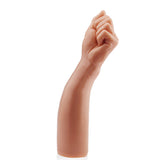 The King Sized 12 Realistic Bitch Fist in a neutral flesh tone extends upward in a fist position. It features smooth, defined details with a partially visible wrist, offering an advanced depiction. Isolated on a white background and phthalate-free, its perfect for safe use.