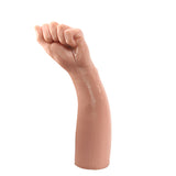 Introducing the King Sized 12 Realistic Bitch Fist - a lifelike silicone model of a human left forearm with a clenched fist, designed vertically for an advanced fisting experience. In flesh tone with a smooth, slightly glossy finish and made from phthalate-free materials, it stands against a plain white background.