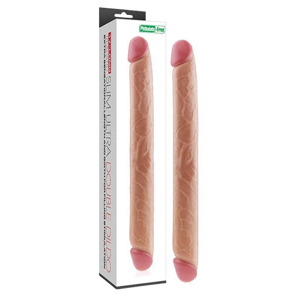 The image shows the Slim Ultra Double Dildo in flesh color with slightly darker pink tips and a realistic textured surface. Beside it, the box highlights features like phthalate-free and describes it as a 12-inch slim ultra double dildo made from phthalate-free PVC.