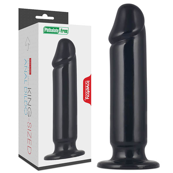 The King Sized 9.25 Anal Dildo - Black stands upright beside its box. This phthalate-free toy has a smooth, rounded tip and flexible shaft. The packaging showcases the product image and King-Sized branding, emphasizing its non-toxic materials and body-safe design.