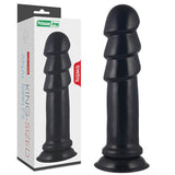 The image displays the King Sized Anal Ripples - Black 28.5 cm (11.5) Mega Anal Plug, made of black PVC. Featuring a ribbed design and flared base for suction, its shown beside its white packaging labeled with product images and text, recommending pairing with water-based lubricant.