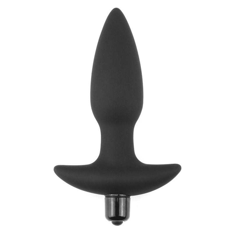 The Anal Indulgence Collection Silicone Fantasy Anal Plug in black features a sleek, smooth surface with an elongated bulbous shape and flared base for safety. A metallic cap at the base reveals its potential as a vibrating massager, offering a minimalist, ergonomic design for those eager to explore new sensations.