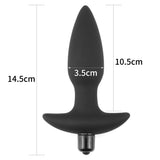 The Anal Indulgence Collection Silicone Fantasy Anal Plug, in black, is a 14.5 cm vibrating butt plug with a smooth, tapered design. It has a 3.5 cm max width and a 10.5 cm insertable length, featuring a flared base for safety and comfort, with measurements visible on display.