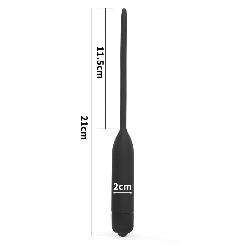 The Ultimate Silicone Vibrating Urethral Dilator, a black vibrating sound, is ideal for deep penetration with its 21 cm total length, 11.5 cm insertable length, and 2 cm width. Its smooth, tapered design suits both medical and personal use.