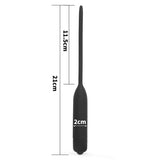 The Ultimate Silicone Vibrating Urethral Dilator, a black vibrating sound, is ideal for deep penetration with its 21 cm total length, 11.5 cm insertable length, and 2 cm width. Its smooth, tapered design suits both medical and personal use.