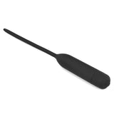 The Ultimate Silicone Vibrating Urethral Dilator, a black sound with a tapered rod and bulbous handle, doubles as a vibrating dilator. Its matte silicone finish ensures easy insertion and secure grip, perfect for deep penetration against a plain white background.