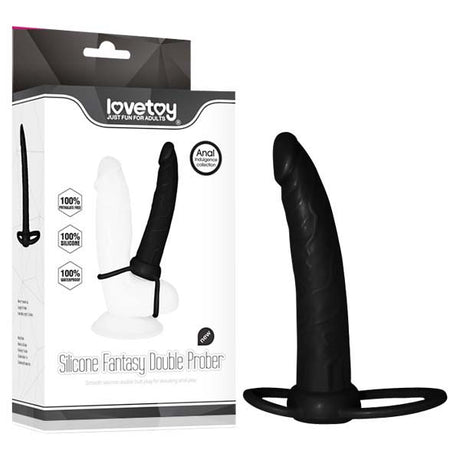 Image of the black silicone double probe from the Anal Indulgence Collection, 15.2 cm with flared base. The packaging shows Lovetoy, features like 100% Silicone and an Anal label in a speech bubble. The realistic probe has textured details and a smooth finish.