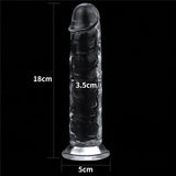 The Flawless Clear Dildo 7 from the LOVETOY Shameless Clear Series features a phallic, textured design. Its transparent and skin-safe, stands on a suction cup base, measures 17.8cm tall, 3.5cm wide with a 5cm base diameter, and is strikingly displayed against a black background.