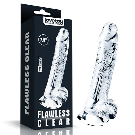 The box displays the Flawless Clear Dildo 7.5 from LOVETOYs shameless clear series, highlighting its realistic transparent design and suction cup base on a plain white background.