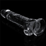 The Flawless Clear Dildo 7.5 from the Shameless Clear Series lies horizontally on a black background. Resembling a rod, it has a wide, flat base and tapers slightly at the other end, reflecting light to highlight its smooth and intricate details.