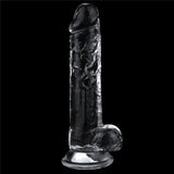 The Flawless Clear Dildo 7.5 - Clear 19 cm Dong is a glass-like sculpture with an anatomical male phallus shape. It stands upright on a black background, featuring a smooth, textured surface and a suction cup base for freestanding support as part of the Shameless Clear Series.