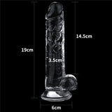 The Flawless Clear Dildo 7.5 features a transparent, skin-safe design, shaped like a phallus and set against a black background. It measures 19cm tall with a wavy texture, 3.5cm width at the top, and a base diameter of 6cm; the tip is positioned 14.5cm from the base.