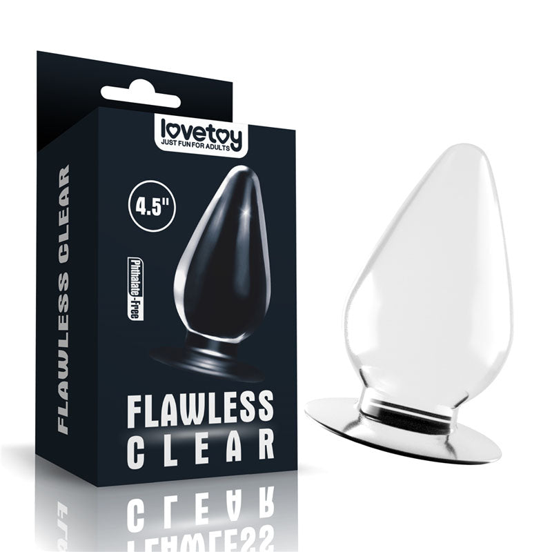 The Flawless Clear Anal Plug 4.5 in transparent design, displayed with its sleek packaging, is branded lovetoy and labeled Just fun for adults. The box highlights the 11.5 cm size, notes it as Phthalate Free, and ensures its a skin-safe choice.