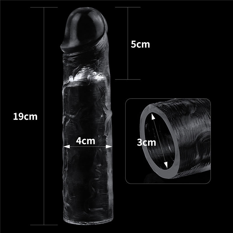 The Flawless Clear Penis Sleeve 2 is depicted as a black silicone sleeve from the clear series with defined ridges and a rounded tip. It features dimensions of 19cm length, 5cm top width, and 4cm middle width, with a hollow interior diameter of 3cm. Made with skin-safe TPE against a black background.