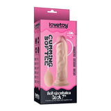 The Lovetoy box showcases the Cumming Softee, an 8.5-inch flesh-toned dildo with a lifelike penis design and soft ejaculation feature. Made from silicone for a skin-like sensation, it includes a squirting dong with an image displaying its suction bulb feature.