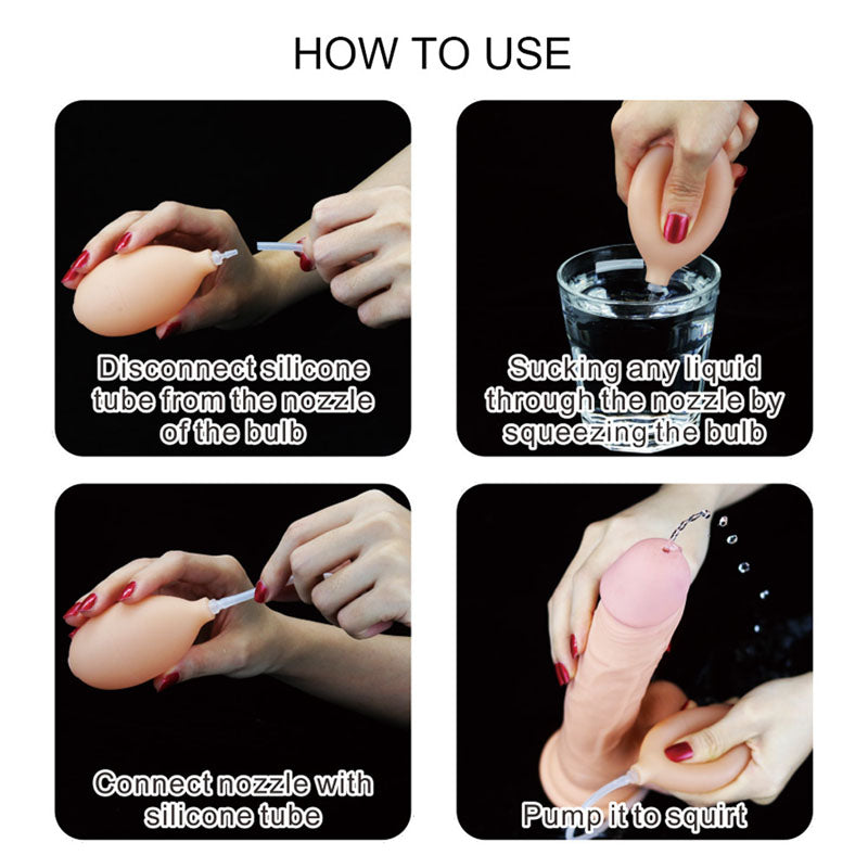 Four-panel visual guide for the Cumming Softee Soft Ejaculation Cock 8.5. Top left: Insert silicone tube into bulb. Top right: Dip nozzle in water, squeeze to fill. Bottom left: Attach nozzle to the lifelike dong. Bottom right: Squeeze bulb to squirt water from the 21.6 cm squirting dong.