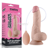 The Cumming Softee Soft Ejaculation Cock 8 is a realistic flesh-toned dildo with balls, featuring a suction base and hand pump for squirting. Its packaging displays cumming softie and 8-inch, with the Lovetoy brand. Enhance pleasure using a water-based lubricant.