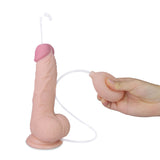 The Cumming Softee Soft Ejaculation Cock 8 with Balls is a realistic flesh-tone silicone dildo featuring a suction cup base and handheld squeeze pump that releases white liquid from the tip, simulating biological functions for squirting fun.