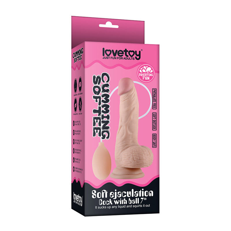 The image features the Cumming Softee Soft Ejaculation Cock 8 with Balls - Flesh packaging. Showcasing a realistic 8-inch squirting dildo, it highlights soft ejaculation in pink and black design, promising fun along with detailed product specs.