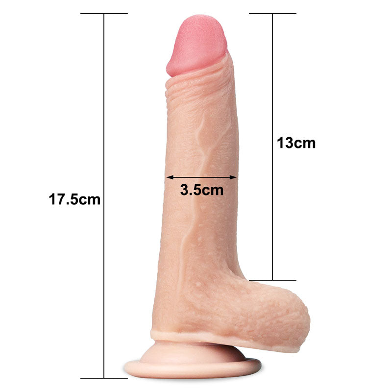 The Sliding Skin Dual Layer Dong - Flesh 17.8 cm features a lifelike dual-layer silicone design with veins, a pink tip, and realistic feel. It has a suction cup base and measures 17.5 cm total length, 13 cm insertable length, and 3.5 cm diameter.